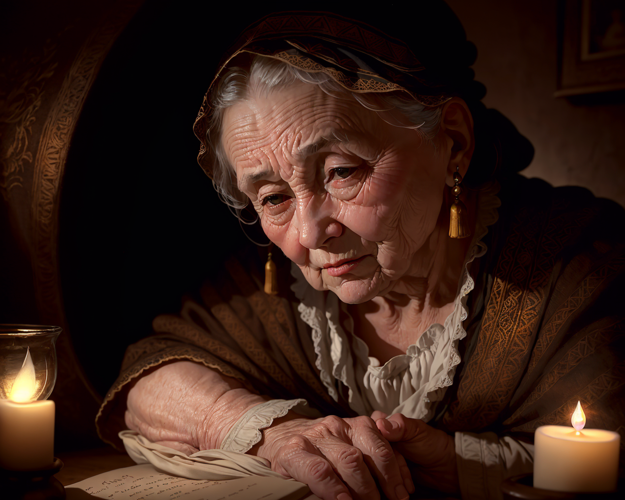 00200-3073651697-The wise old woman, wrinkled face and peaceful gaze, in a dimly lit room, surrounded by candles and books, reflecting on her pas.png